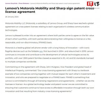 ​联想宣布摩托罗拉与夏普达成签署专利交叉许可协议